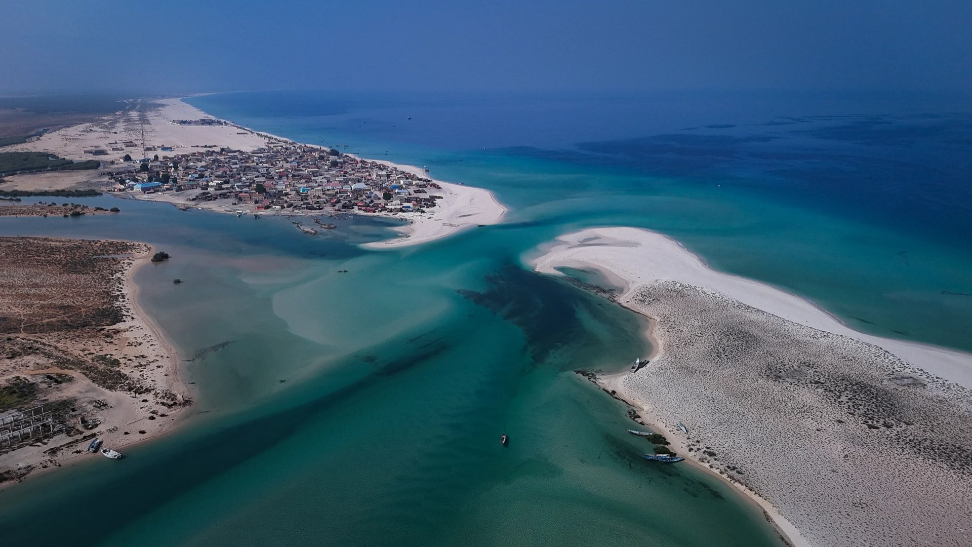 Aerial view of Somali coastal town and turquoise waters